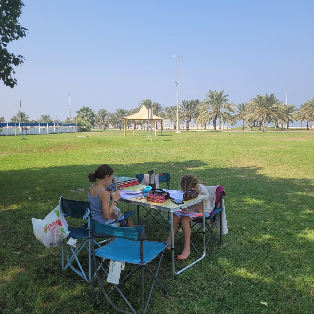 Deux jeunes filles assises à une table de camping sur une pelouse, en train d'étudier, avec des palmiers en arrière-plan et un ciel bleu clair.