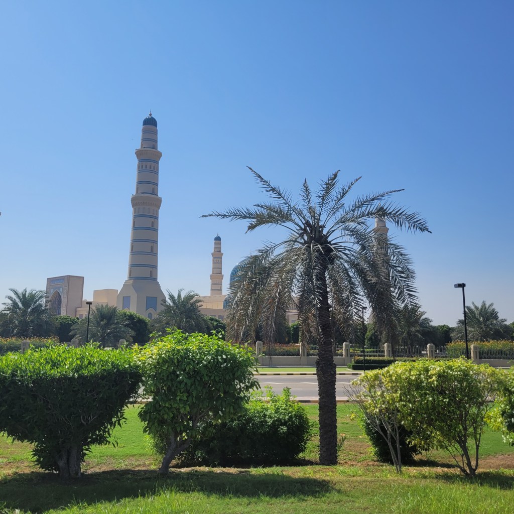 Vue d'une mosquée avec des minarets, entourée de palmiers et d'arbustes verts sous un ciel bleu.