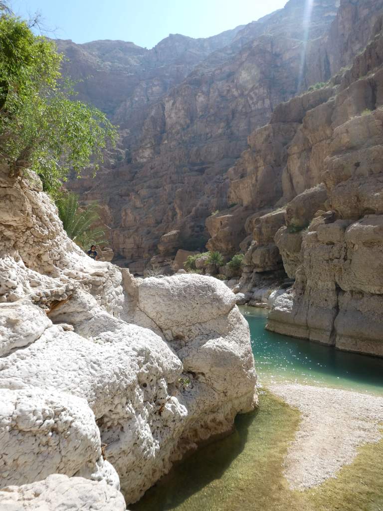 Un paysage de canyon avec des parois rocheuses escarpées et une eau turquoise au fond.