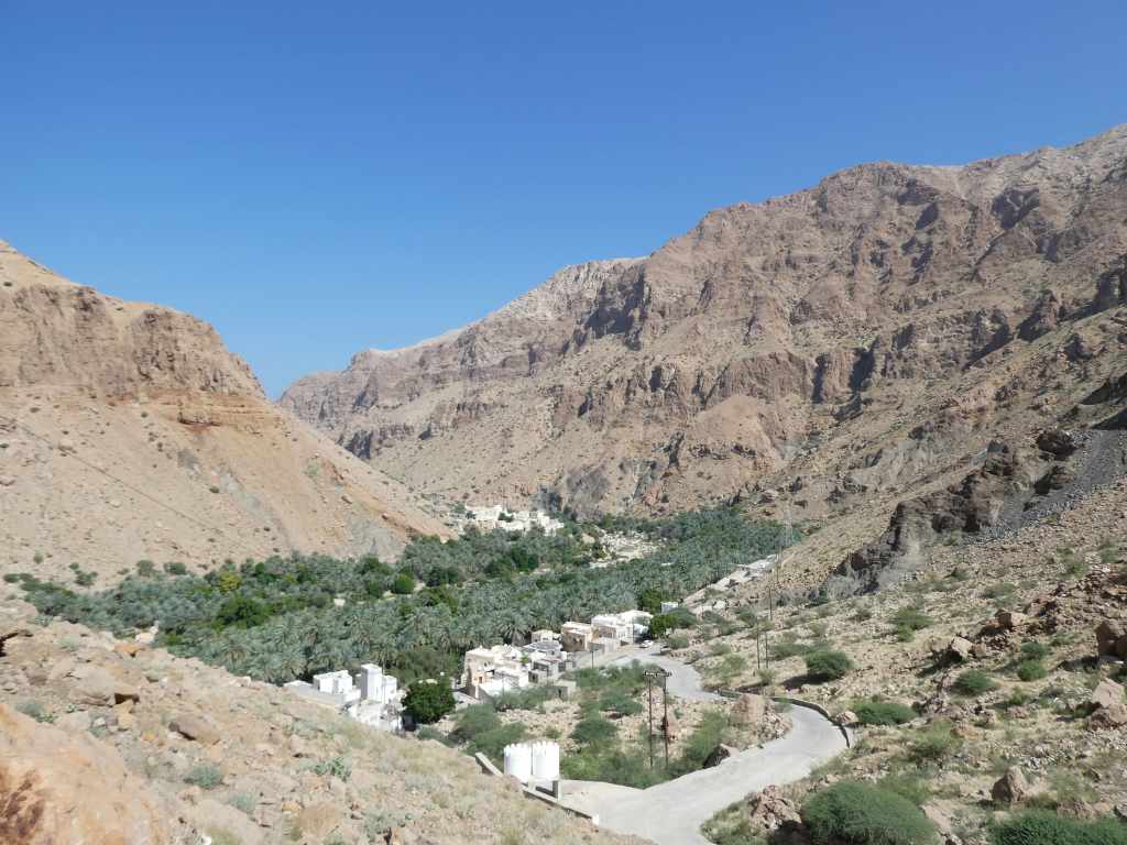 Vue panoramique d'une vallée désertique avec des montagnes rocheuses et une oasis verdoyante, comprenant des maisons blanches, sous un ciel bleu clair.