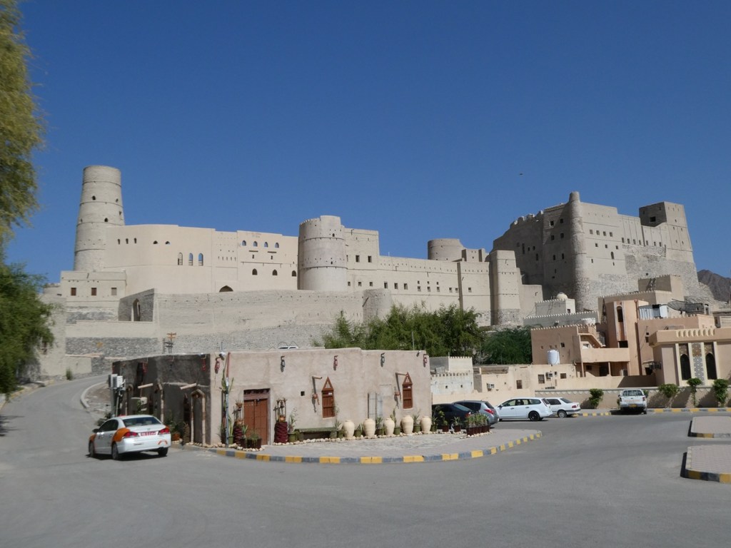 Vue d'un château historique surplombant une rue avec des maisons traditionnelles et des voitures garées.